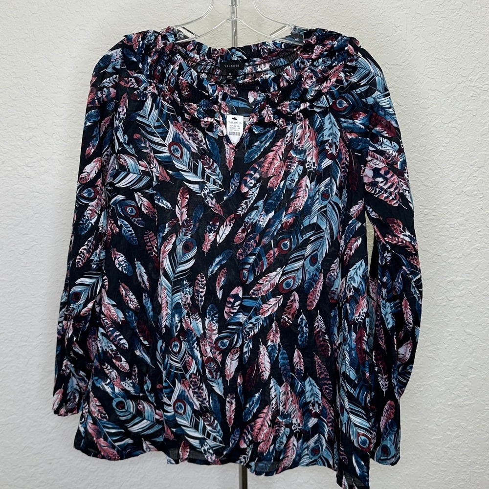 Talbots Womens Medium NWT Peacock Feather Print Smocked Cotton Voile Blouse Blue